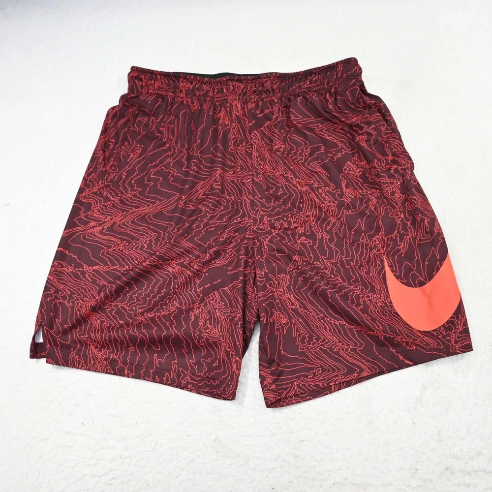 Nike‎ Basketball Shorts Mens XXL Regular Maroon Red Topo Print Big Swoosh Logo